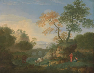A landscape with distant classical ruins, a bridge, figures, and livestock - William Smith — artwork view
