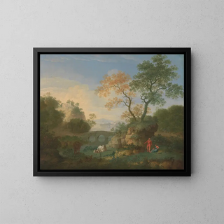 A landscape with distant classical ruins, a bridge, figures, and livestock - William Smith — framed artwork on a wall