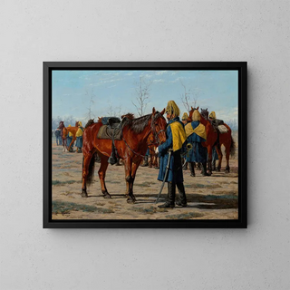 American Cavalry Preparing to Mount - William Thomas Trego — framed artwork on a wall