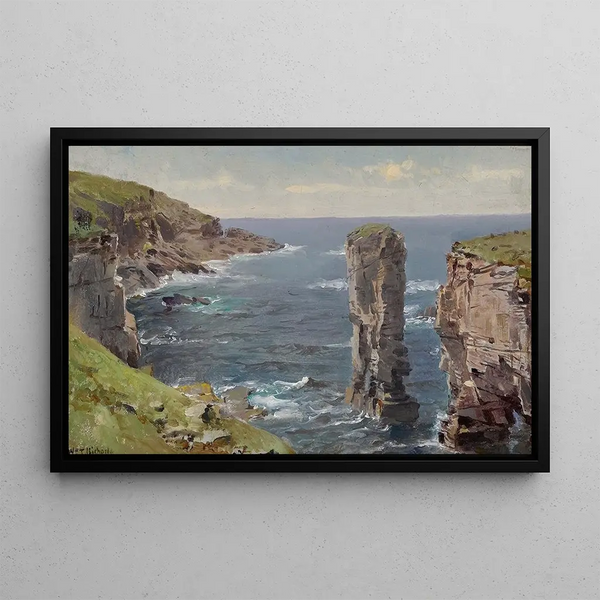 British Coastal View Painting, Cornwall Coast - William Trost Richards — framed artwork on a wall