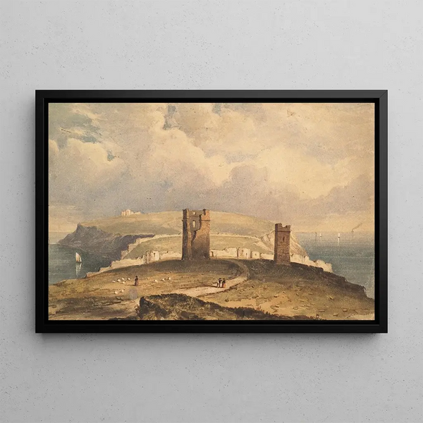 Coastal scene with ruins - William Wyld — framed artwork on a wall