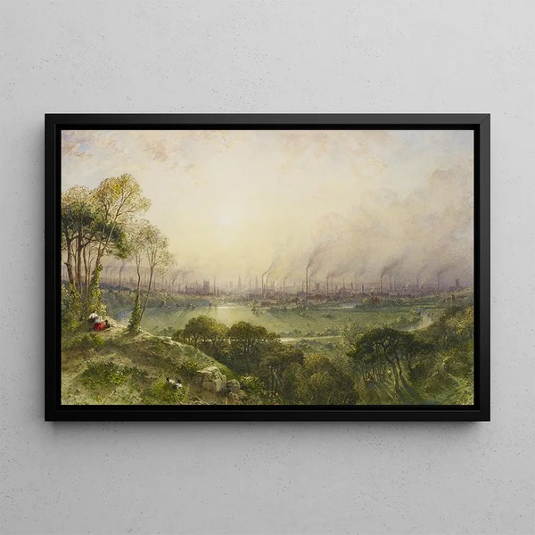 Manchester painting from Kersal Moor with rustic characters and goats - William Wyld — framed artwork on a wall