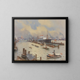 Port of Hamburg with Cap Polonio and Kehrwiederspitze - Willy Stwer — framed artwork on a wall