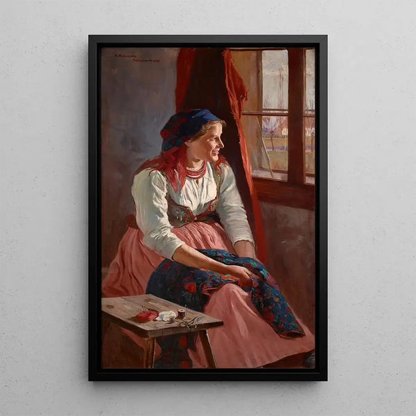 Girl at the Window - Wincenty Wodzinowski — framed artwork on a wall