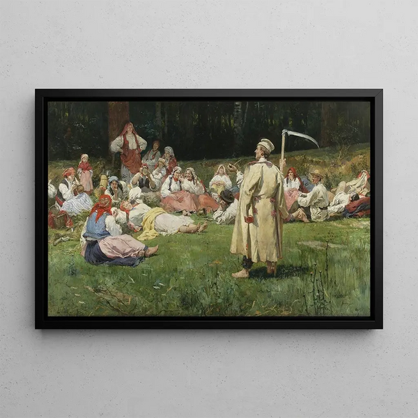 Harvesters at Rest - Wincenty Wodzinowski — framed artwork on a wall