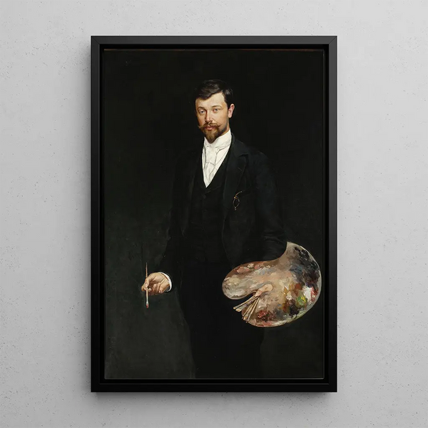 Self-portrait with palette - Wincenty Wodzinowski — framed artwork on a wall