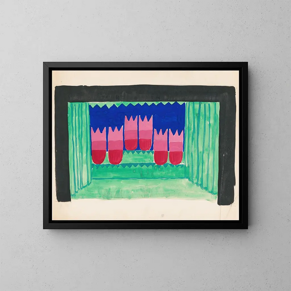 Études pour un décor de théâtre avec un proscenium à cadre noir et des décors aux couleurs vives, étude pour une décoration murale de lumière de scène, probablement pour le Café Crillon, 277 Park Avenue - Winold Reiss — framed artwork on a wall