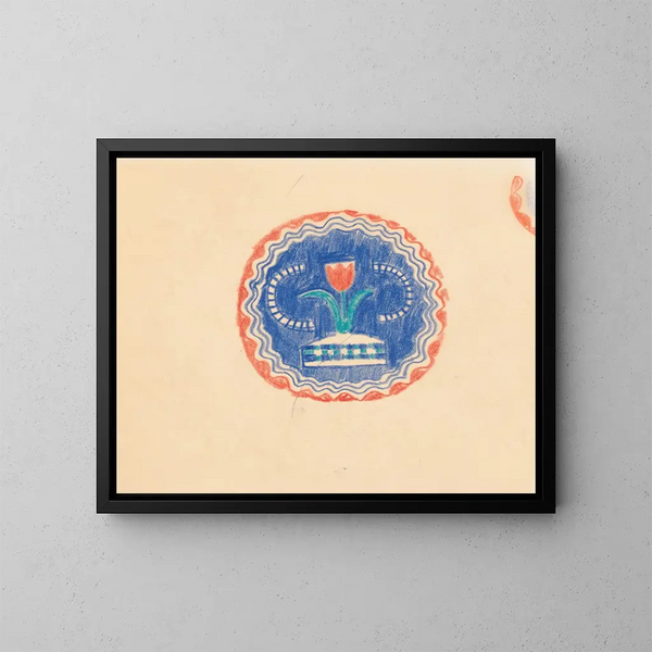 Croquis divers pour dessus de table en marqueterie avec motif floral bleu et orange - Winold Reiss — framed artwork on a wall