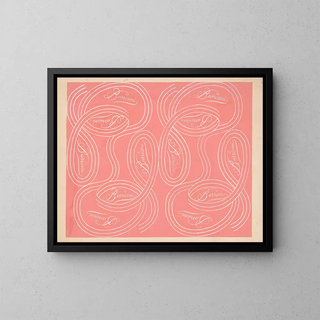 Calligraphic scroll painting and writing on salmon background - Winold Reiss — framed artwork on a wall