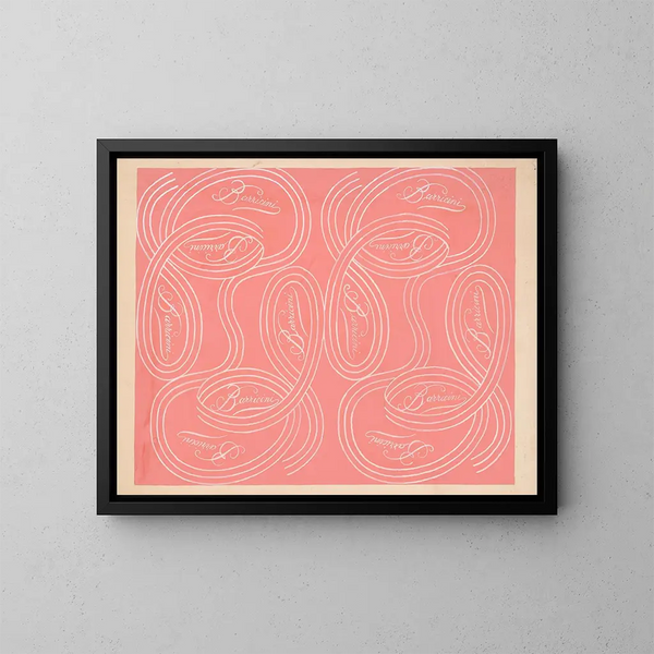 Calligraphic scroll painting and writing on salmon background - Winold Reiss — framed artwork on a wall