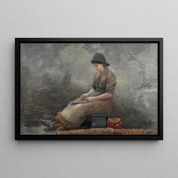 a Fisherwoman baiting lines - Winslow Homer — framed artwork on a wall