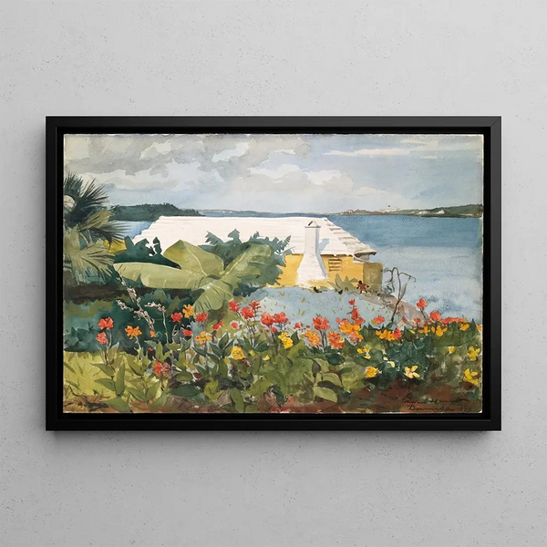 Garden of Flowers and Bungalow in Bermuda - Winslow Homer — framed artwork on a wall