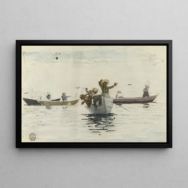 Four boats with children - Winslow Homer — framed artwork on a wall