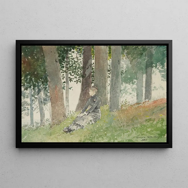 Young girl sitting in a grove - Winslow Homer — framed artwork on a wall