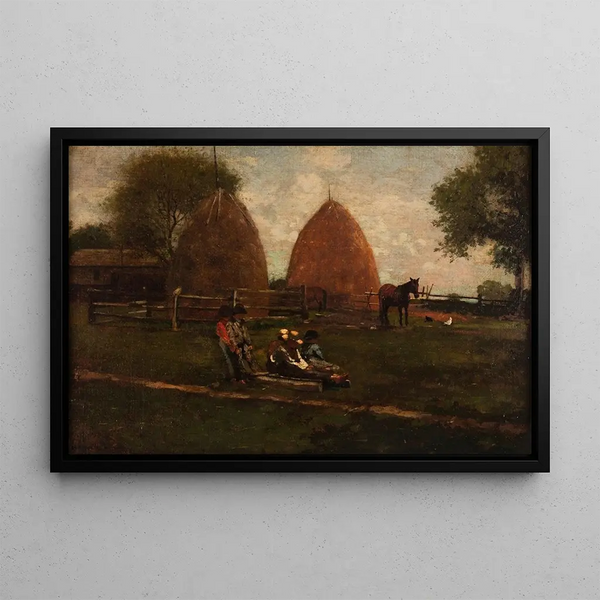 Haystacks and children - Winslow Homer — framed artwork on a wall