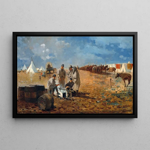 Rainy Day at the Camp - Winslow Homer — framed artwork on a wall