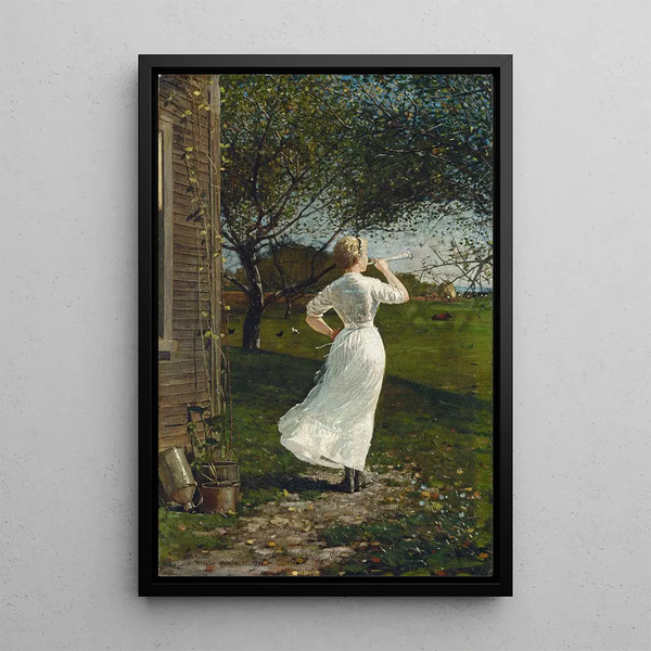 La corne de dîner Sonner la corne au bord de mer - Winslow Homer — framed artwork on a wall