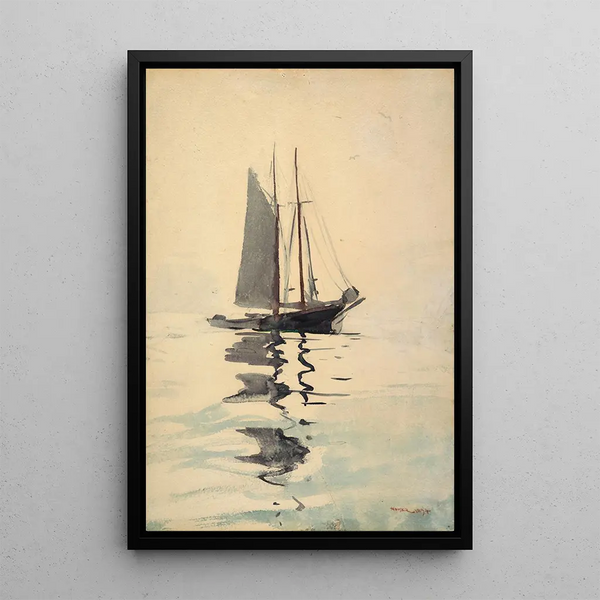 Schooner with Two Masts and Dories - Winslow Homer — framed artwork on a wall