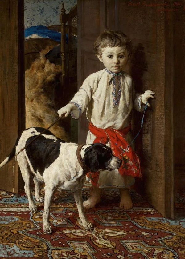 the artist's son with a dog - Witold Pruszkowski — framed artwork on a wall