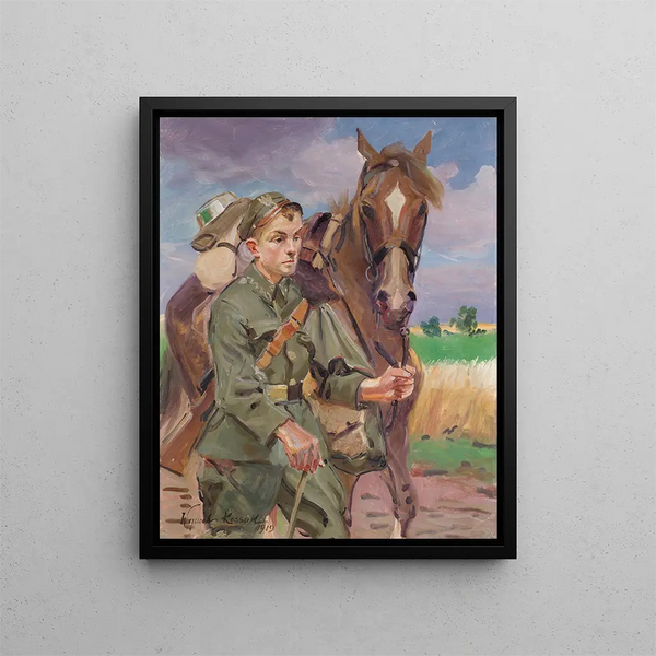 a soldier with a horse - Wojciech Kossak — framed artwork on a wall
