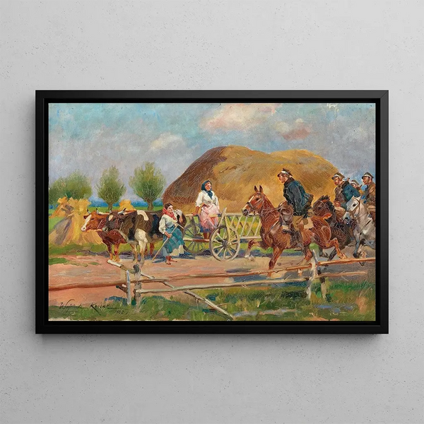 Encounter on the village path - Wojciech Kossak — framed artwork on a wall