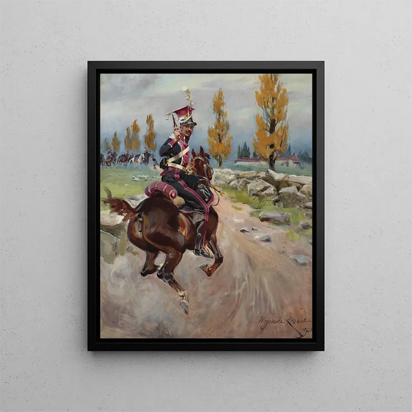 Cavalier léger en reconnaissance - Wojciech Kossak — framed artwork on a wall