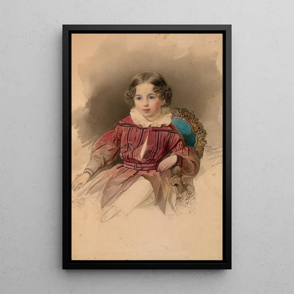 Portrait of a Sitting Boy - Woldemar Hau — framed artwork on a wall