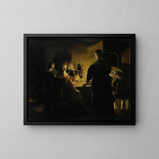 Tavern scene illuminated by candles - Wolfgang Heimbach — framed artwork on a wall