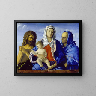 Virgin and Child with Saint John the Baptist and Saint Elizabeth - Workshop of Giovanni Bellini — framed artwork on a wall