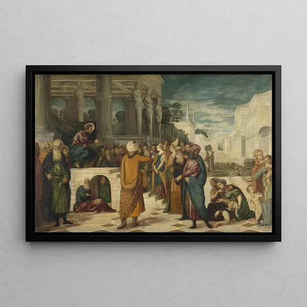 The Christ and the Woman Caught in Adultery - Jacopo Tintoretto Workshop — framed artwork on a wall