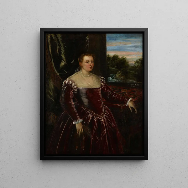 Portrait of Dogaressa Morosina Morosini - Jacopo Tintoretto Workshop — framed artwork on a wall