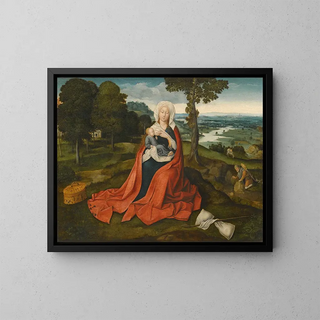 Virgin and Child sitting in front of a vast landscape - Workshop of Joachim Patinir — framed artwork on a wall