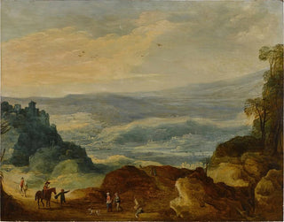 a vast river landscape with peasants and riders in the foreground - Workshop of Joos de Momper — artwork view