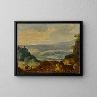 a vast river landscape with peasants and riders in the foreground - Workshop of Joos de Momper — framed artwork on a wall
