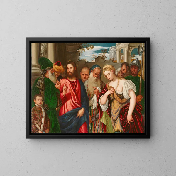 The Christ and the Woman Caught in Adultery - Workshop of Paolo Veronese — framed artwork on a wall