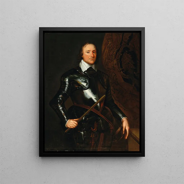 Portrait of Oliver Cromwell in armor holding a staff - Robert Walker's Workshop — framed artwork on a wall