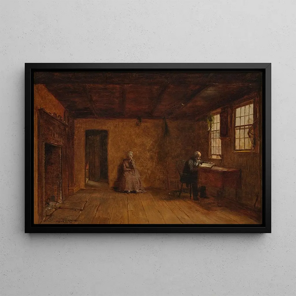 Sunday Morning in New England, figures painted by Eastman Johnson - Worthington Whittredge — framed artwork on a wall