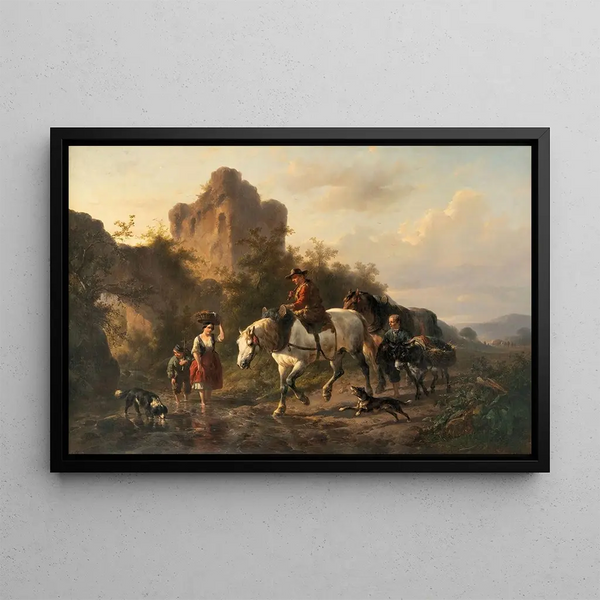 a painting of a driver with his family crossing a stream - Wouterus Verschuur — framed artwork on a wall