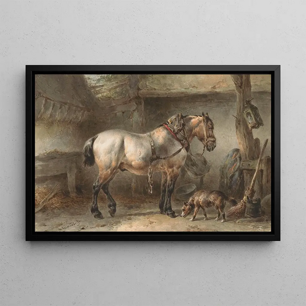 Horse and dog in a stable - Wouterus Verschuur — framed artwork on a wall