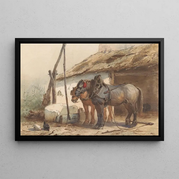 Two horses in front of a stable - Wouterus Verschuur — framed artwork on a wall