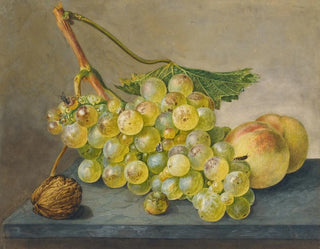 A bunch of grapes, a walnut, and two peaches - Wybrand Hendriks — artwork view