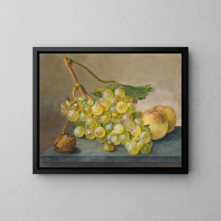 A bunch of grapes, a walnut, and two peaches - Wybrand Hendriks — framed artwork on a wall