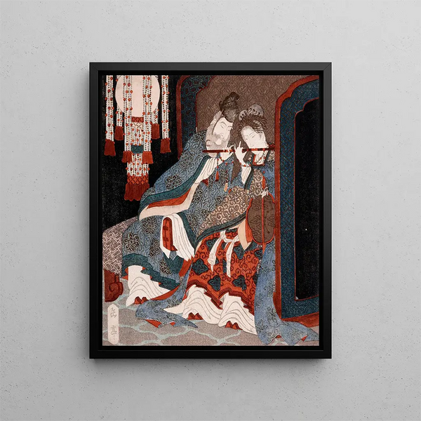 The Emperor Ming Huang and Yang Guifei playing the flute together - Yashima Gakutei — framed artwork on a wall