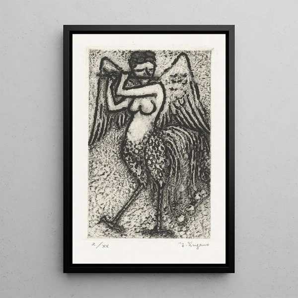 Mermaid playing flute - Yo Sugano — framed artwork on a wall