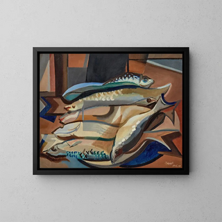 Still life with fish - Youla Chapoval — framed artwork on a wall
