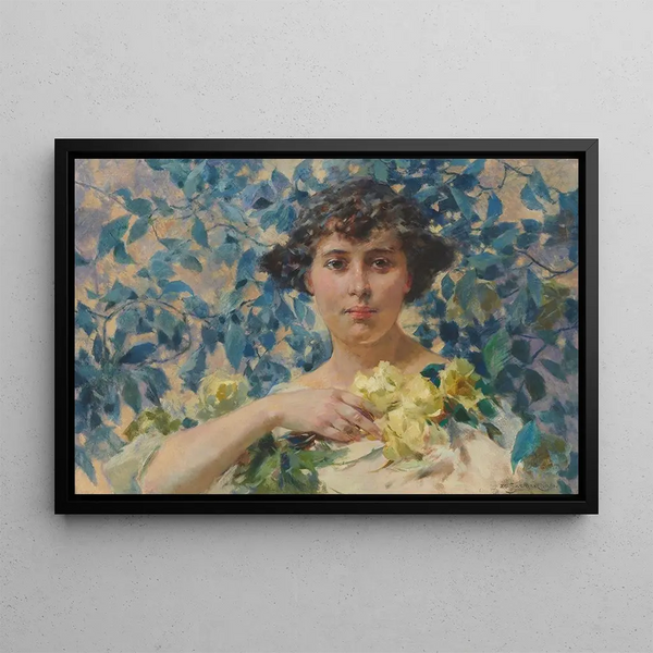 Woman against flowering shrubs - Zdzisław Jasiński — framed artwork on a wall