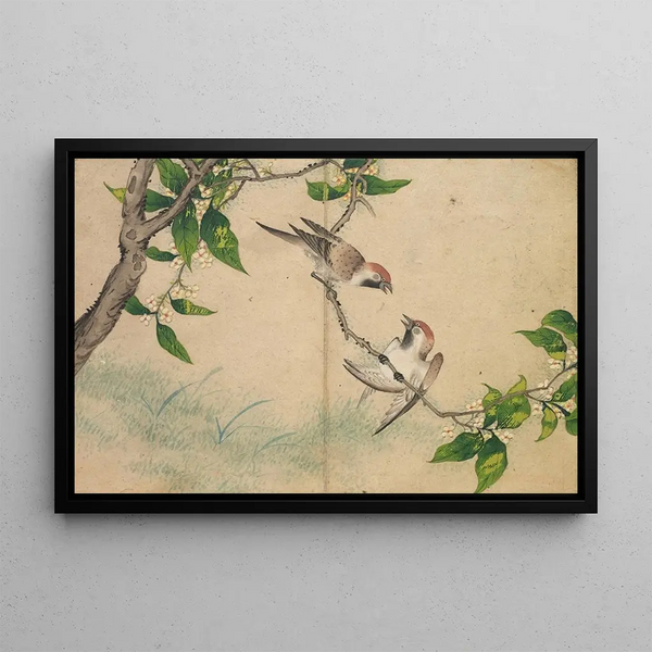 Chattering Sparrows - Zhang Ruo'ai — framed artwork on a wall