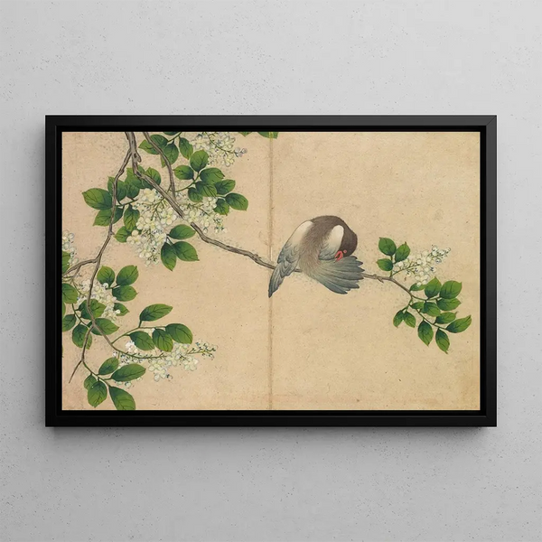 Bird smoothing its feathers - Zhang Ruo'ai — framed artwork on a wall