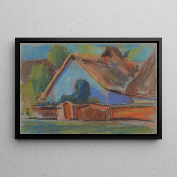 Cottage du village bleu - Zolo Palugyay — framed artwork on a wall