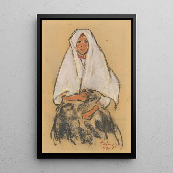 Girl with White Scarf - Zolo Palugyay — framed artwork on a wall